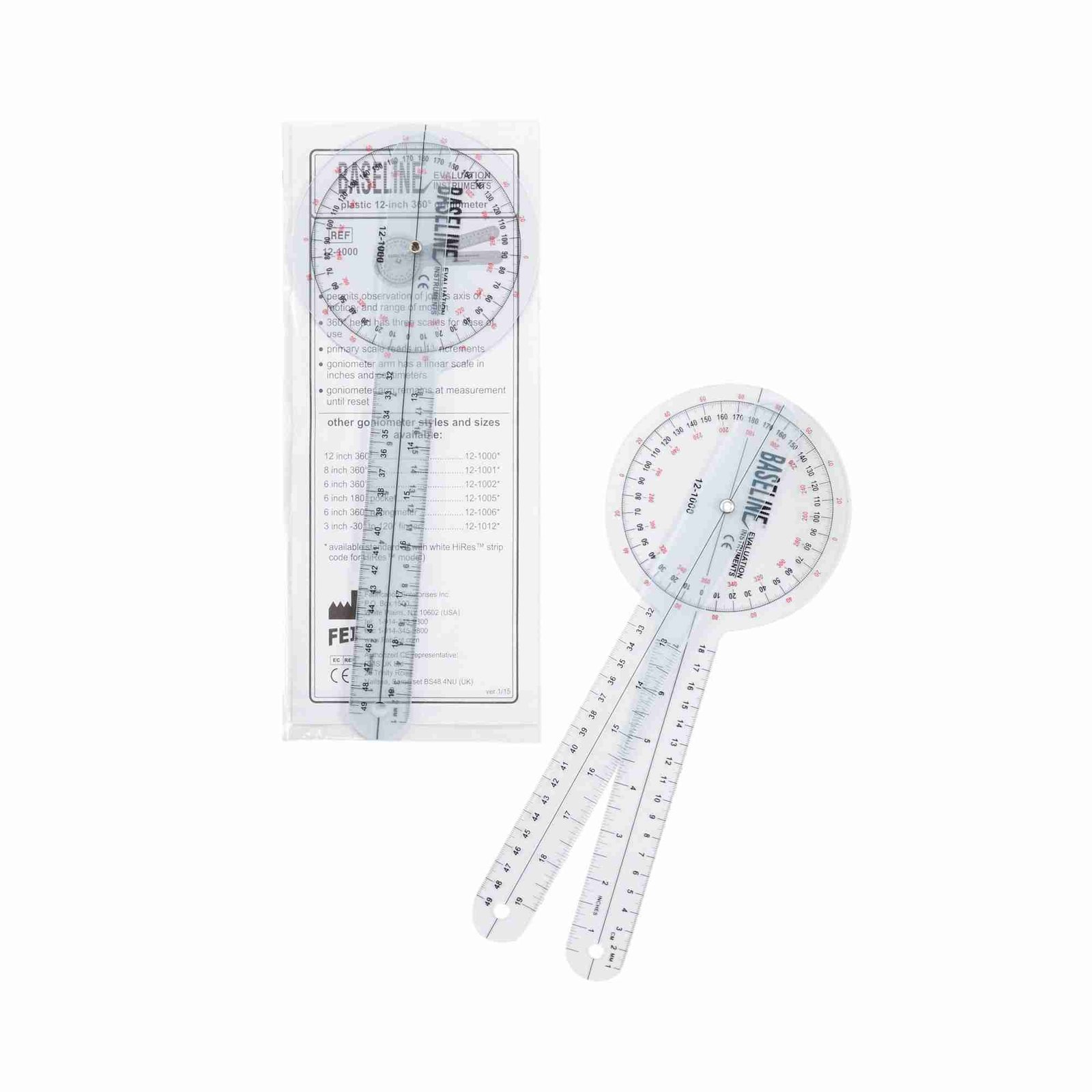 Baseline® 360° Head Plastic Goniometer, 12 Inch Arms - Jeritek LLC